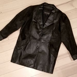 90s VINTAGE WILSONS LEATHER BLACK PAISLEY JACKET SAYS M BUT IS L-XL